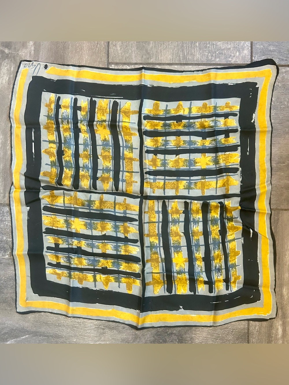 Vera Scarves By Vera Vintage Hand Rolled Japan Black Yellow 22x22 Square Scarf